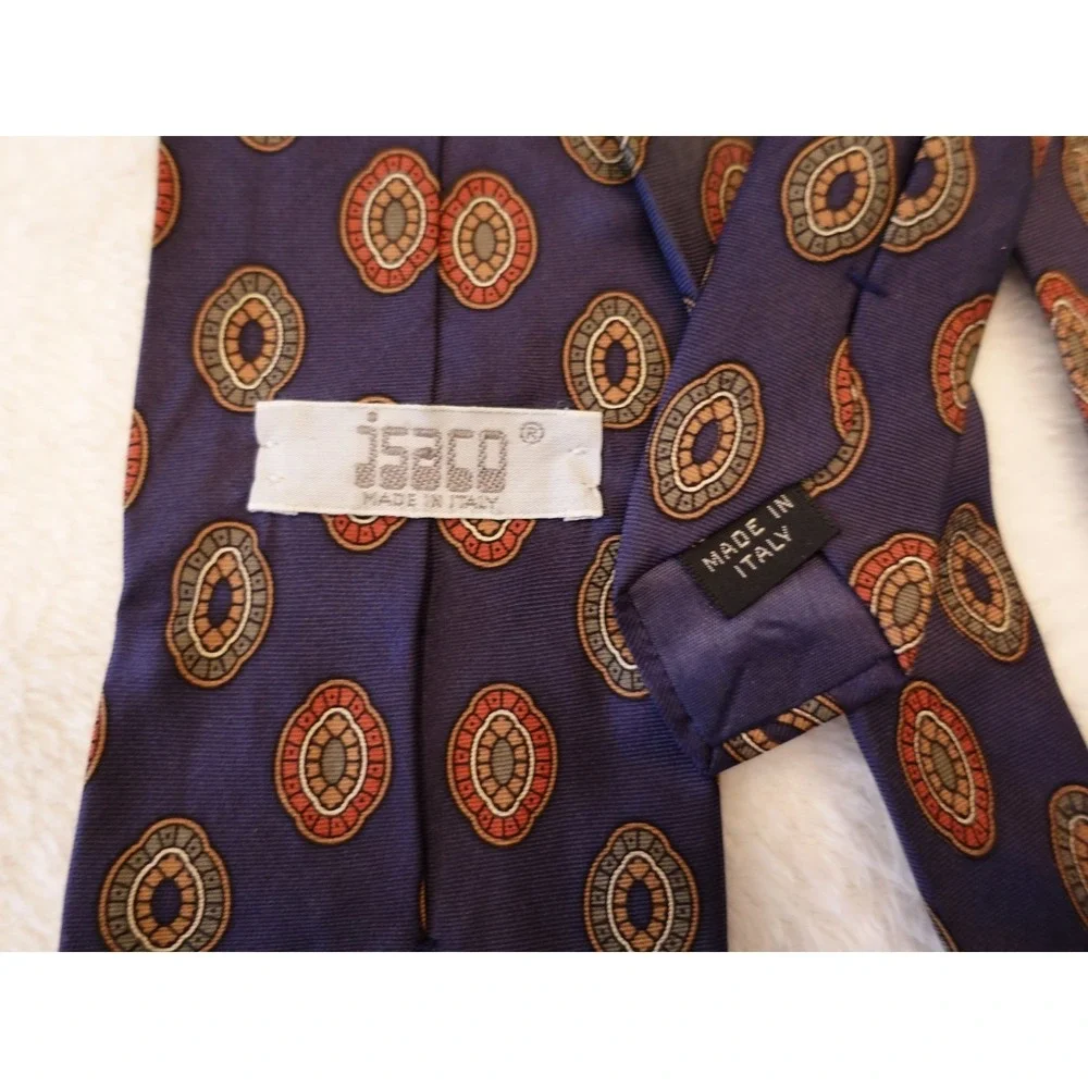 Isaco Vintage Italian Silk Tie Blue Medallion Pattern Dark Academia Retro Office